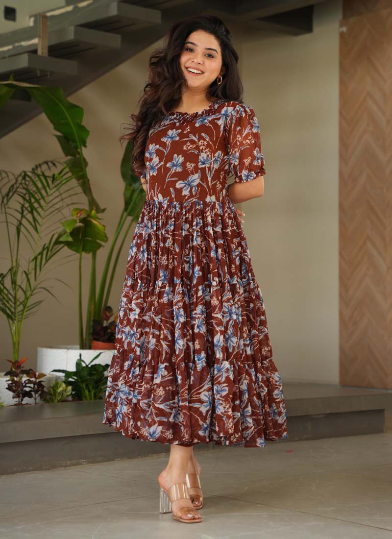 Prazu Fashion Brown Georgette Printed Designer Gown | Grocsy