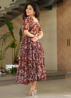 Prazu Fashion Brown Georgette Printed Designer Gown | Grocsy