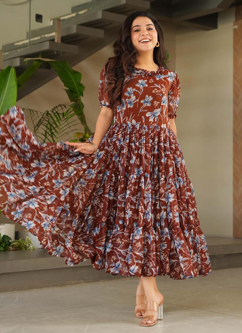 Prazu Fashion Brown Georgette Printed Designer Gown | Grocsy