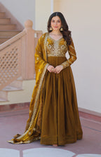 Vedant Vastram Russian Silk Embroidery & Sequence Work Stitched Ethnic Gown-Mahendi | Grocsy