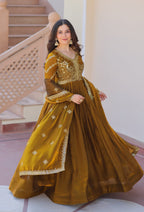 Vedant Vastram Russian Silk Embroidery & Sequence Work Stitched Ethnic Gown-Mahendi | Grocsy