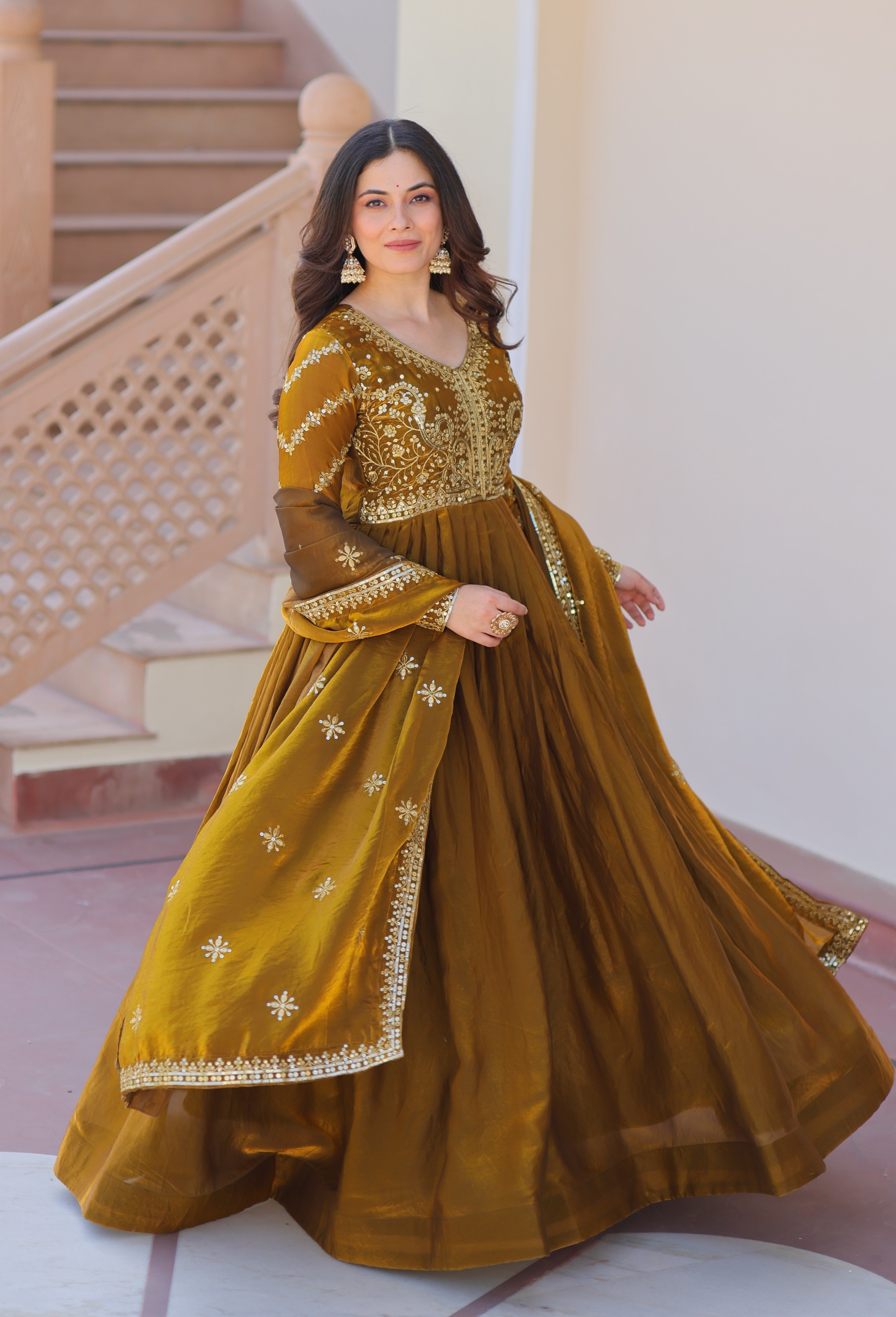 Vedant Vastram Russian Silk Embroidery & Sequence Work Stitched Ethnic Gown-Mahendi | Grocsy