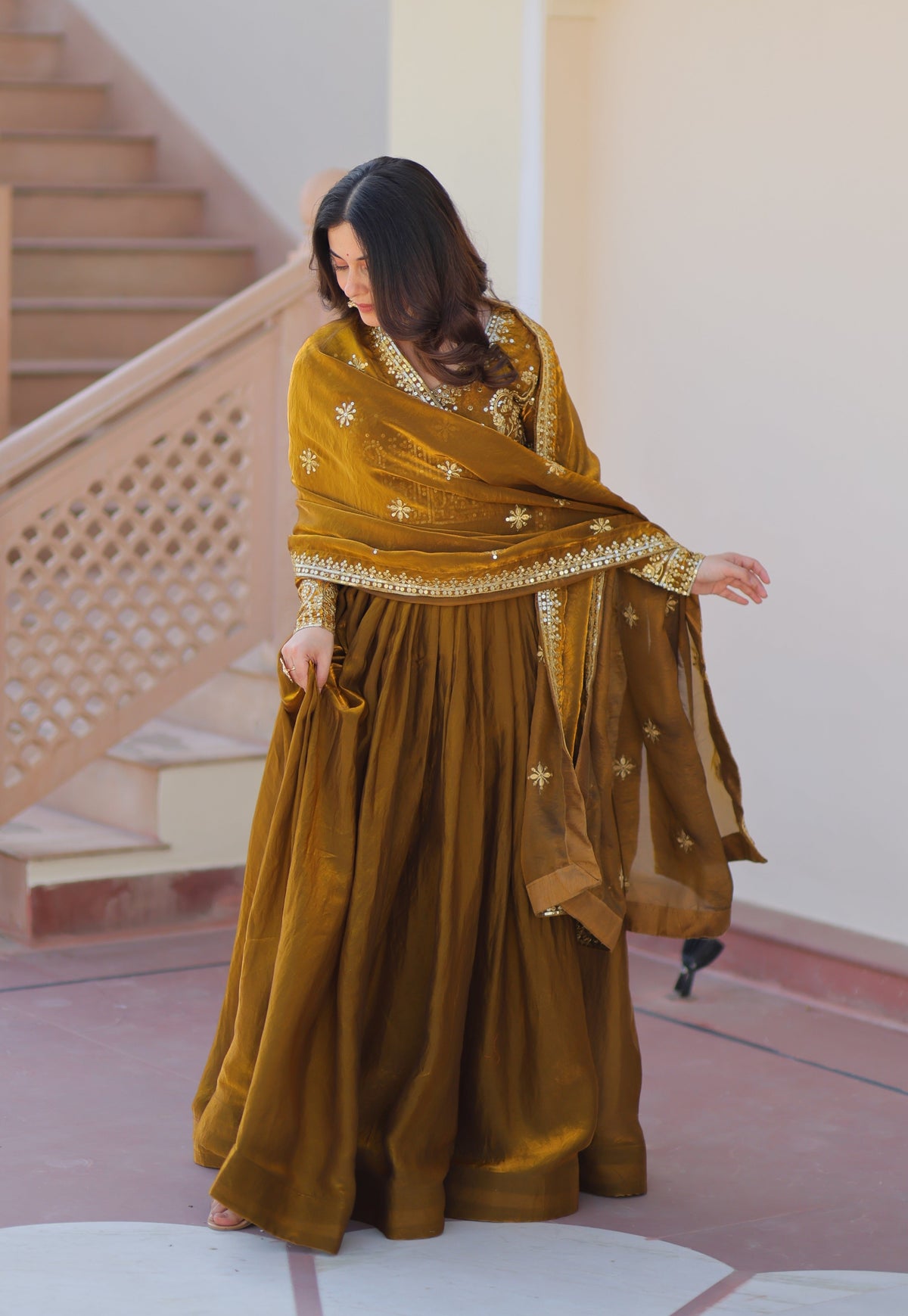Vedant Vastram Russian Silk Embroidery & Sequence Work Stitched Ethnic Gown-Mahendi | Grocsy