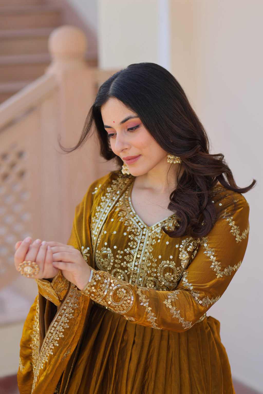 Vedant Vastram Russian Silk Embroidery & Sequence Work Stitched Ethnic Gown-Mahendi | Grocsy