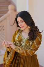 Vedant Vastram Russian Silk Embroidery & Sequence Work Stitched Ethnic Gown-Mahendi | Grocsy