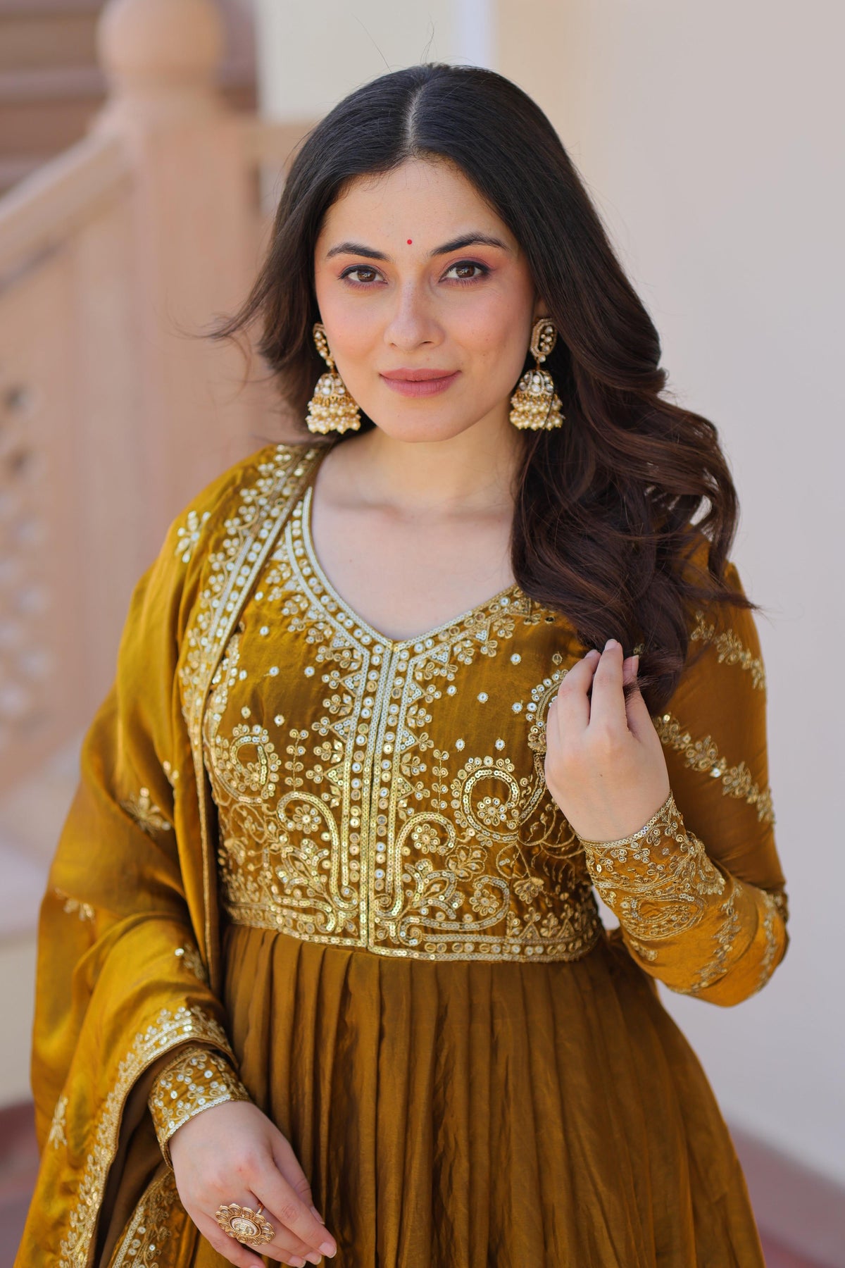 Vedant Vastram Russian Silk Embroidery & Sequence Work Stitched Ethnic Gown-Mahendi | Grocsy