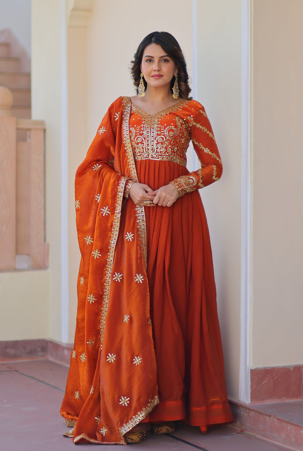 Vedant Vastram Russian Silk Embroidery & Sequence Work Stitched Ethnic Gown-Orange | Grocsy