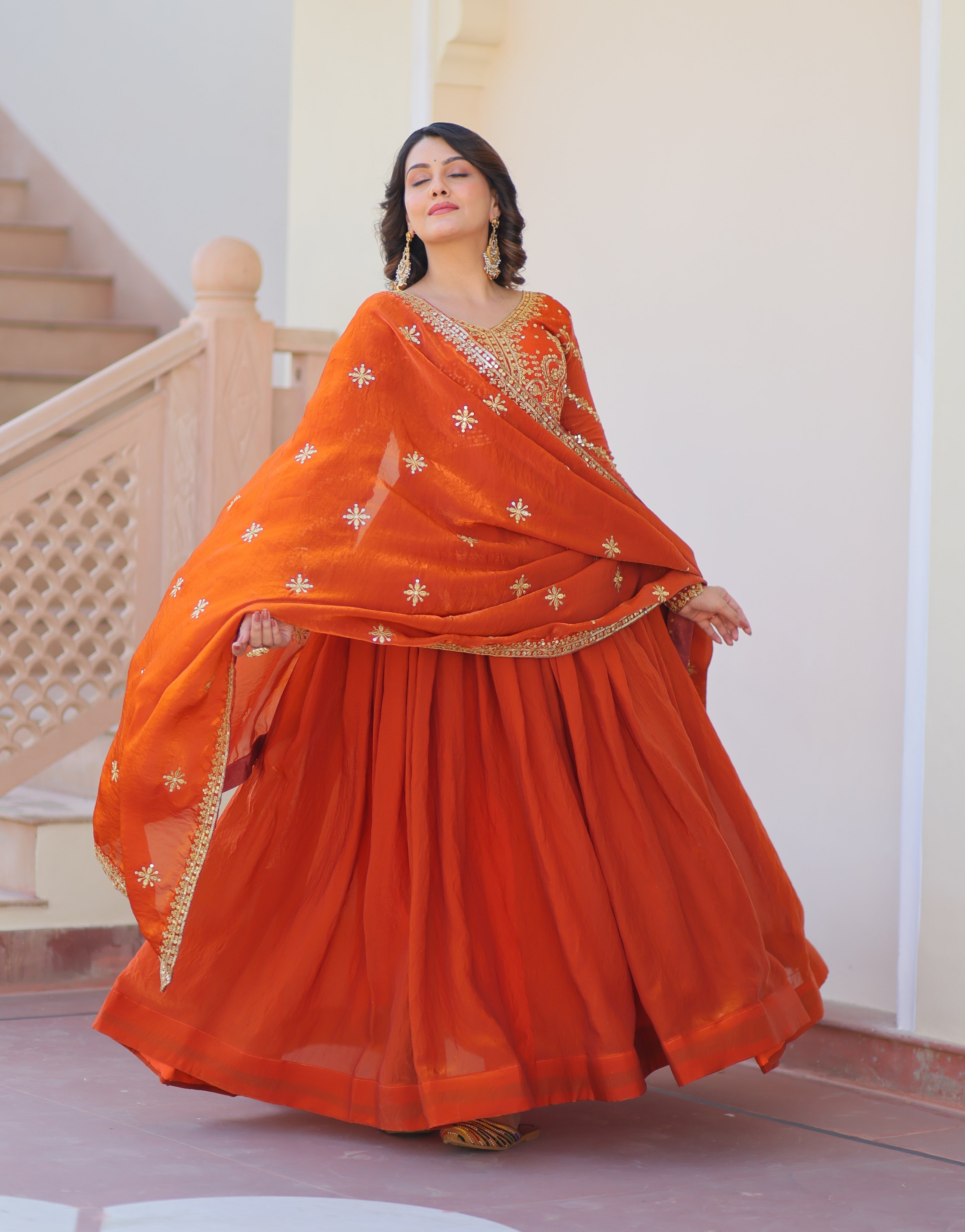 Vedant Vastram Russian Silk Embroidery & Sequence Work Stitched Ethnic Gown-Orange | Grocsy