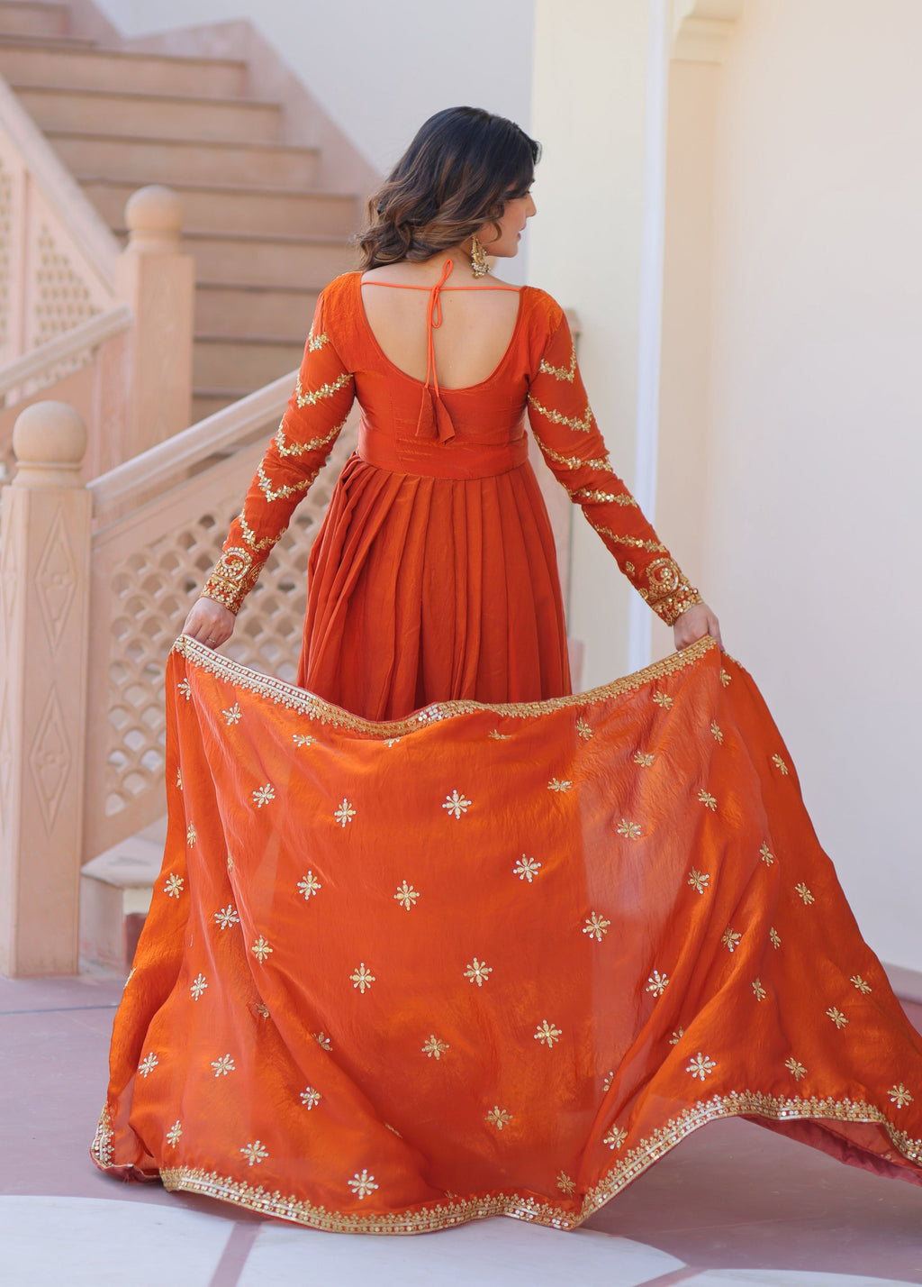 Vedant Vastram Russian Silk Embroidery & Sequence Work Stitched Ethnic Gown-Orange | Grocsy
