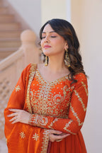 Vedant Vastram Russian Silk Embroidery & Sequence Work Stitched Ethnic Gown-Orange | Grocsy