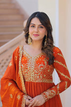 Vedant Vastram Russian Silk Embroidery & Sequence Work Stitched Ethnic Gown-Orange | Grocsy