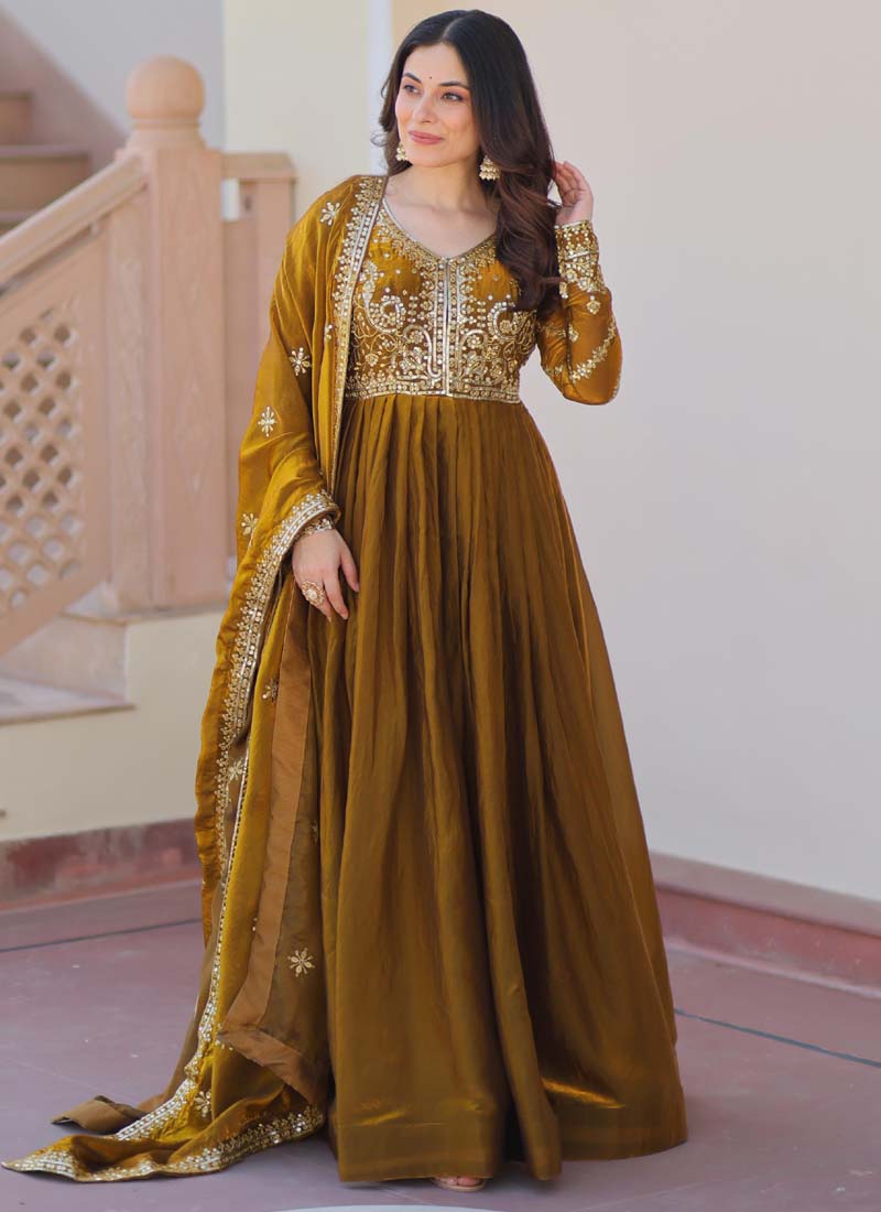 Prazu Fashion Mahendi Silk Embroidered Gown With Dupatta | Grocsy