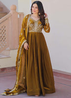 Prazu Fashion Mahendi Silk Embroidered Gown With Dupatta | Grocsy