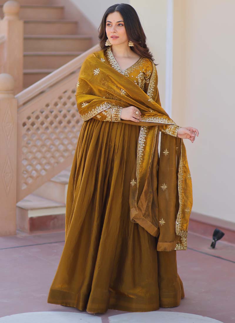 Prazu Fashion Mahendi Silk Embroidered Gown With Dupatta | Grocsy