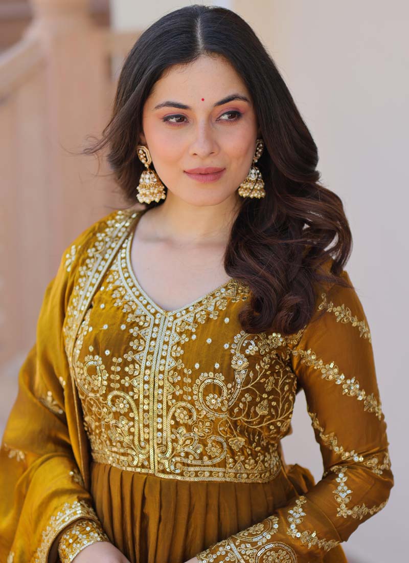 Prazu Fashion Mahendi Silk Embroidered Gown With Dupatta | Grocsy