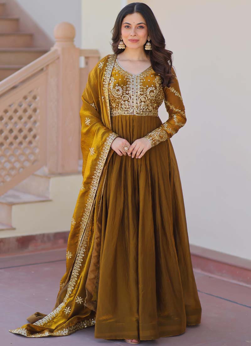 Prazu Fashion Mahendi Silk Embroidered Gown With Dupatta | Grocsy