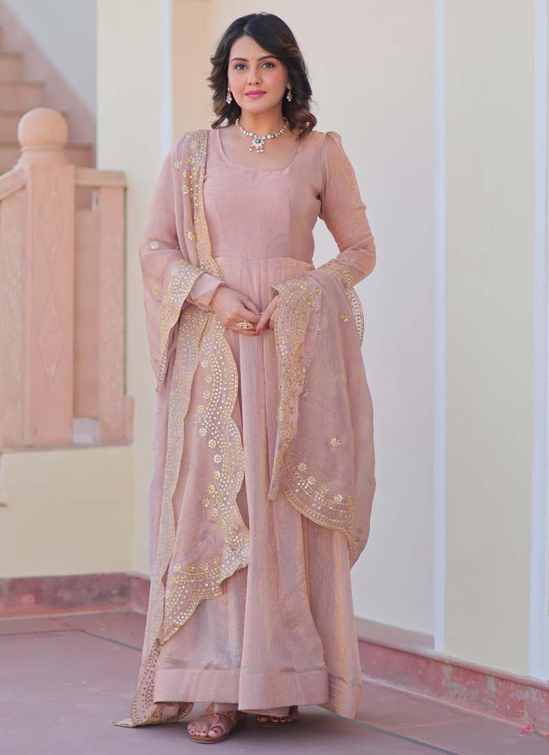 Prazu Fashion Light Peach Fendy Chiffon Embroidered Gown With Dupatta | Grocsy