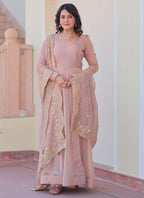 Prazu Fashion Light Peach Fendy Chiffon Embroidered Gown With Dupatta | Grocsy