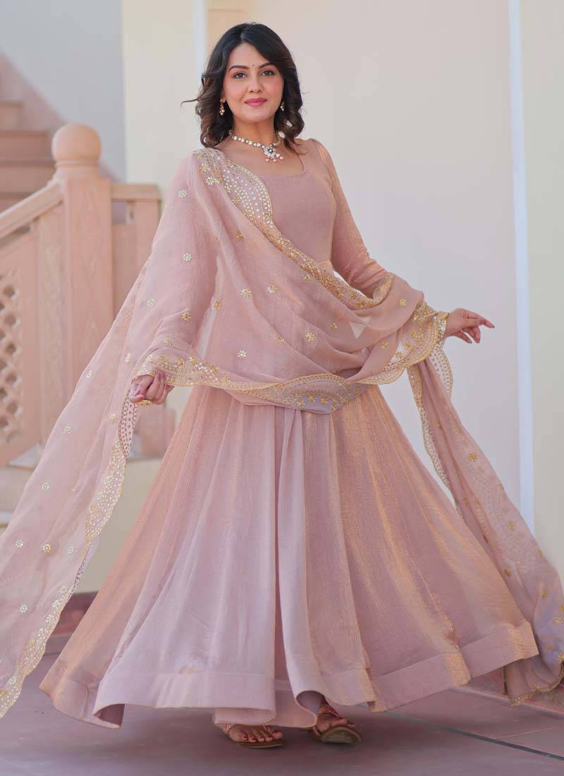 Prazu Fashion Light Peach Fendy Chiffon Embroidered Gown With Dupatta | Grocsy