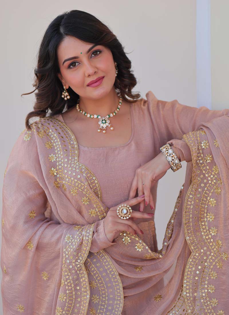 Prazu Fashion Light Peach Fendy Chiffon Embroidered Gown With Dupatta | Grocsy