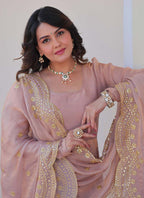 Prazu Fashion Light Peach Fendy Chiffon Embroidered Gown With Dupatta | Grocsy