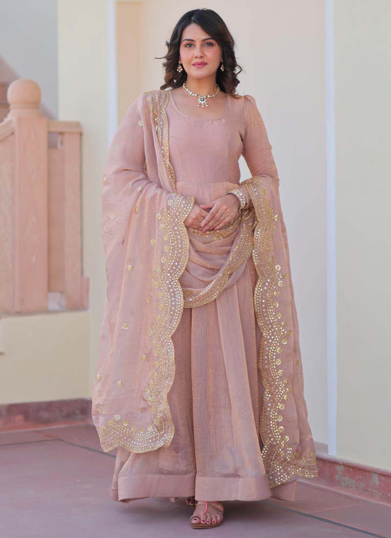 Prazu Fashion Light Peach Fendy Chiffon Embroidered Gown With Dupatta | Grocsy