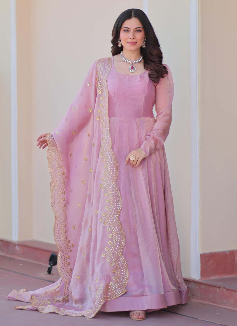 Prazu Fashion Pink Fendy Chiffon Embroidered Gown With Dupatta | Grocsy