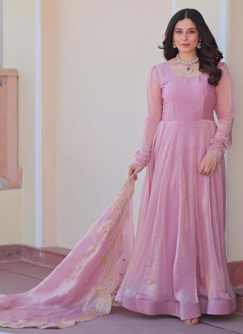Prazu Fashion Pink Fendy Chiffon Embroidered Gown With Dupatta | Grocsy