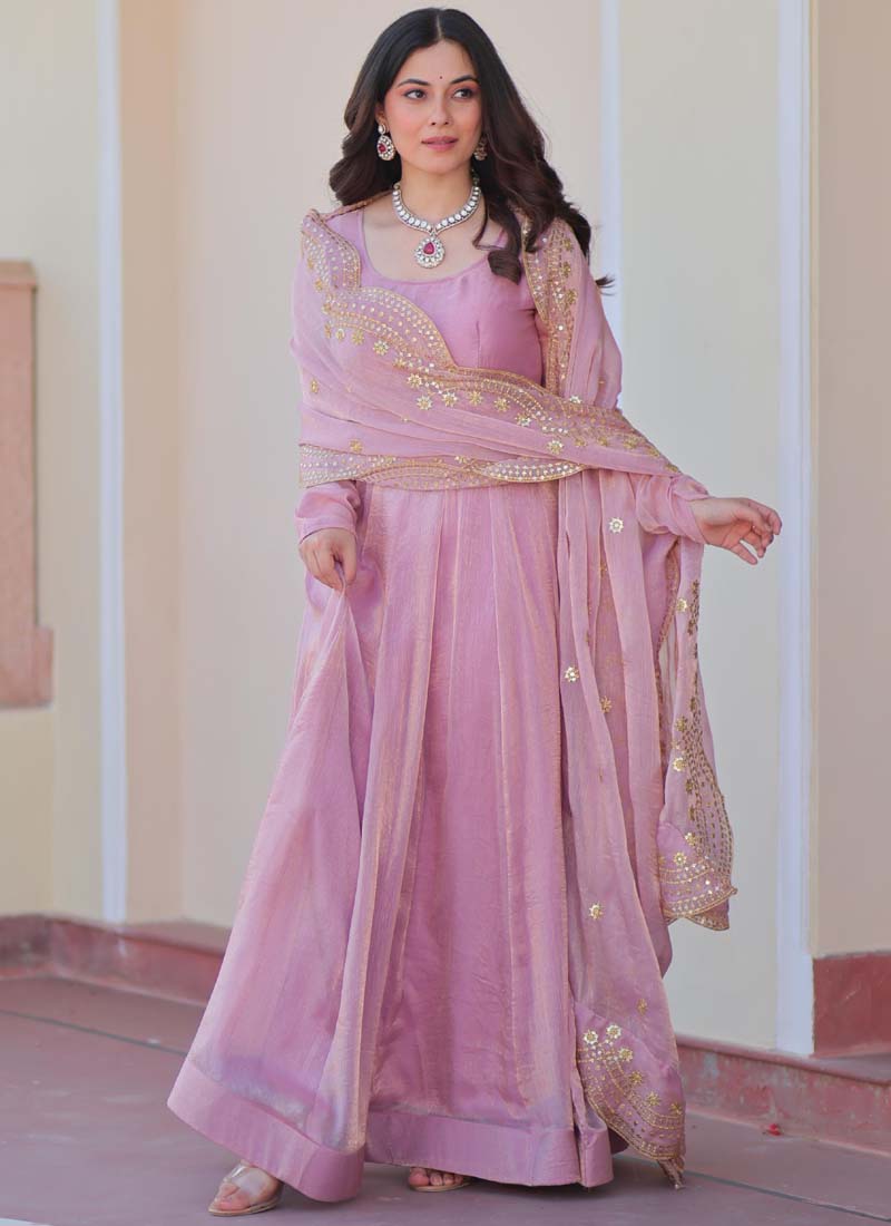 Prazu Fashion Pink Fendy Chiffon Embroidered Gown With Dupatta | Grocsy
