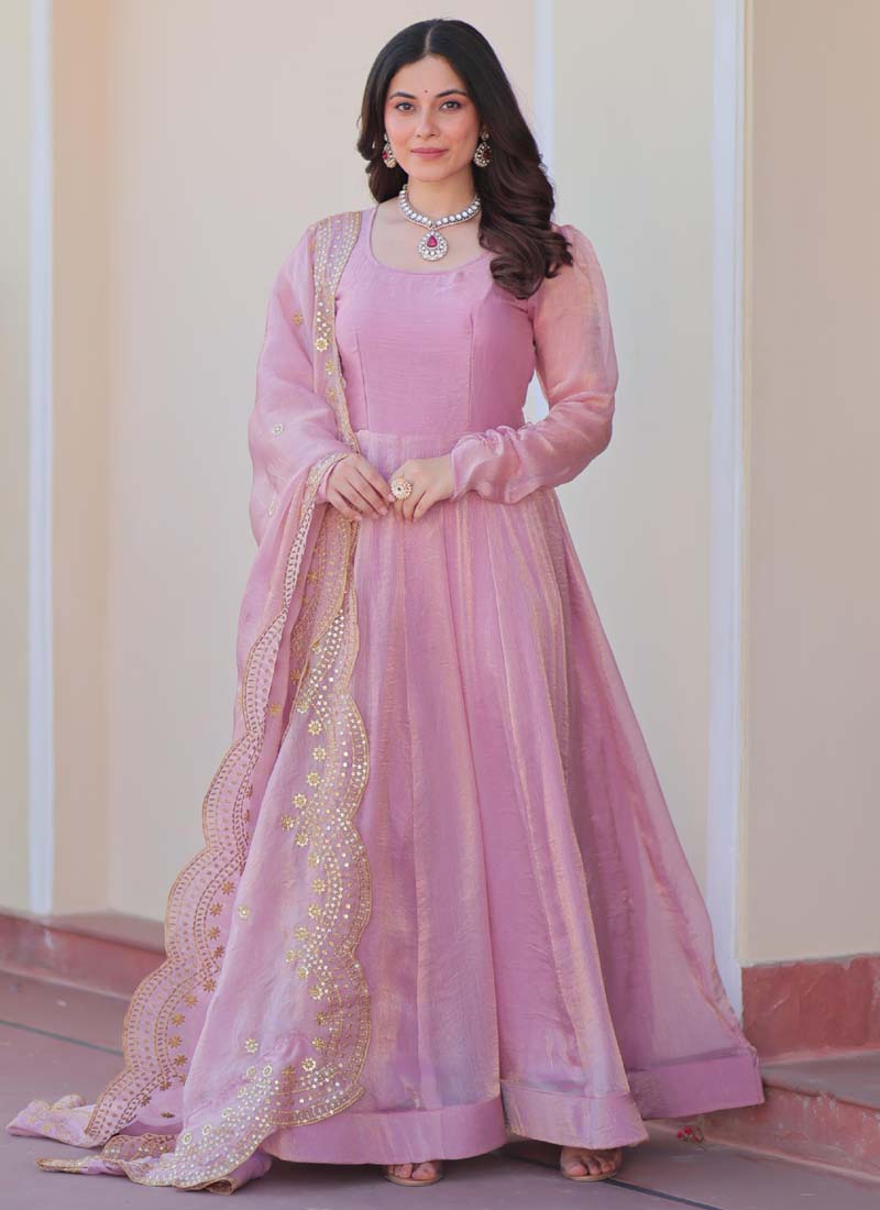 Prazu Fashion Pink Fendy Chiffon Embroidered Gown With Dupatta | Grocsy