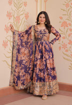 Vedant Vastram Russian Silk Embroidery & Sequence Work Stitched Ethnic Gown-Purple | Grocsy