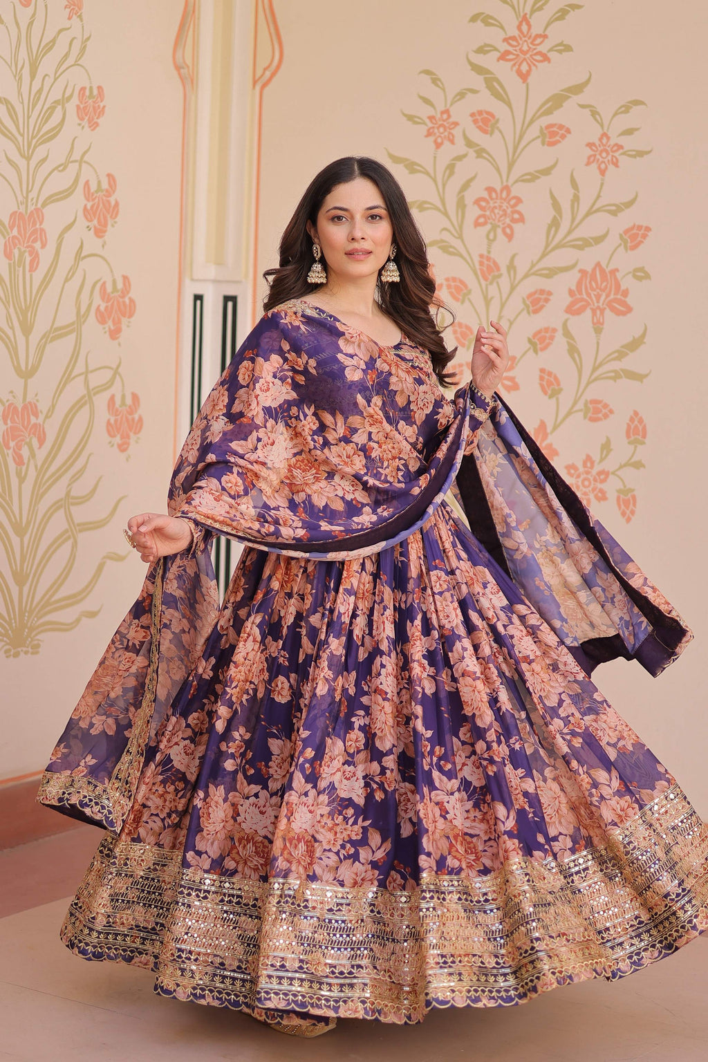 Vedant Vastram Russian Silk Embroidery & Sequence Work Stitched Ethnic Gown-Purple | Grocsy