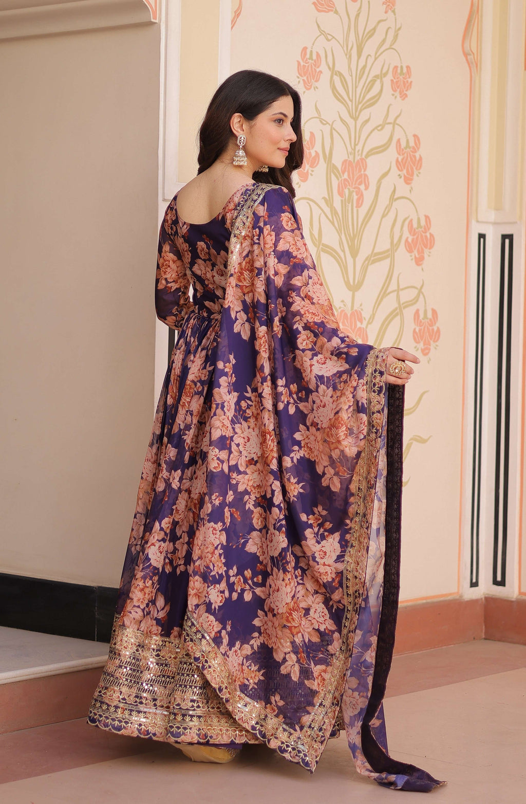 Vedant Vastram Russian Silk Embroidery & Sequence Work Stitched Ethnic Gown-Purple | Grocsy