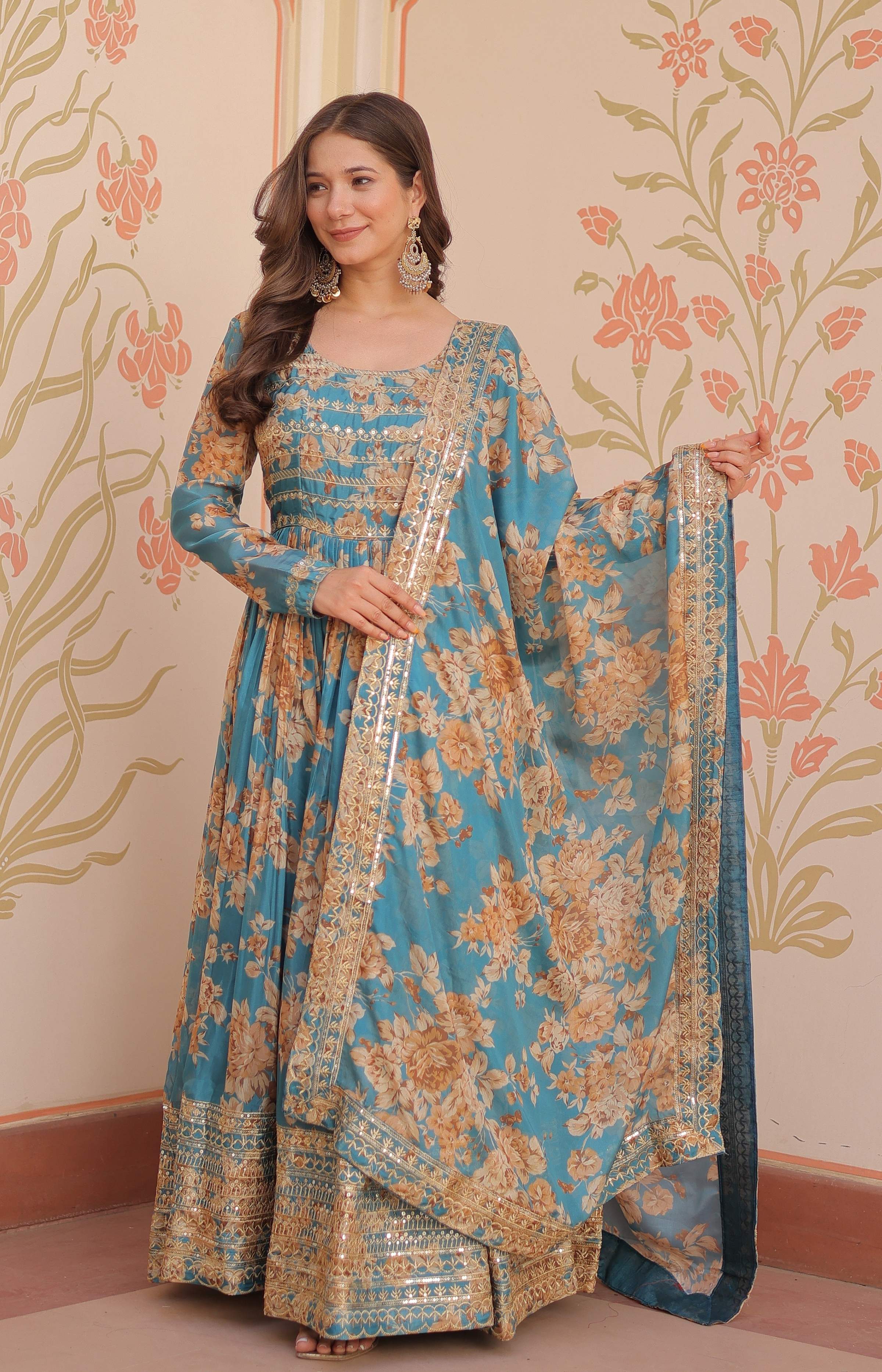 Vedant Vastram Russian Silk Embroidery & Sequence Work Stitched Ethnic Gown-Rama | Grocsy
