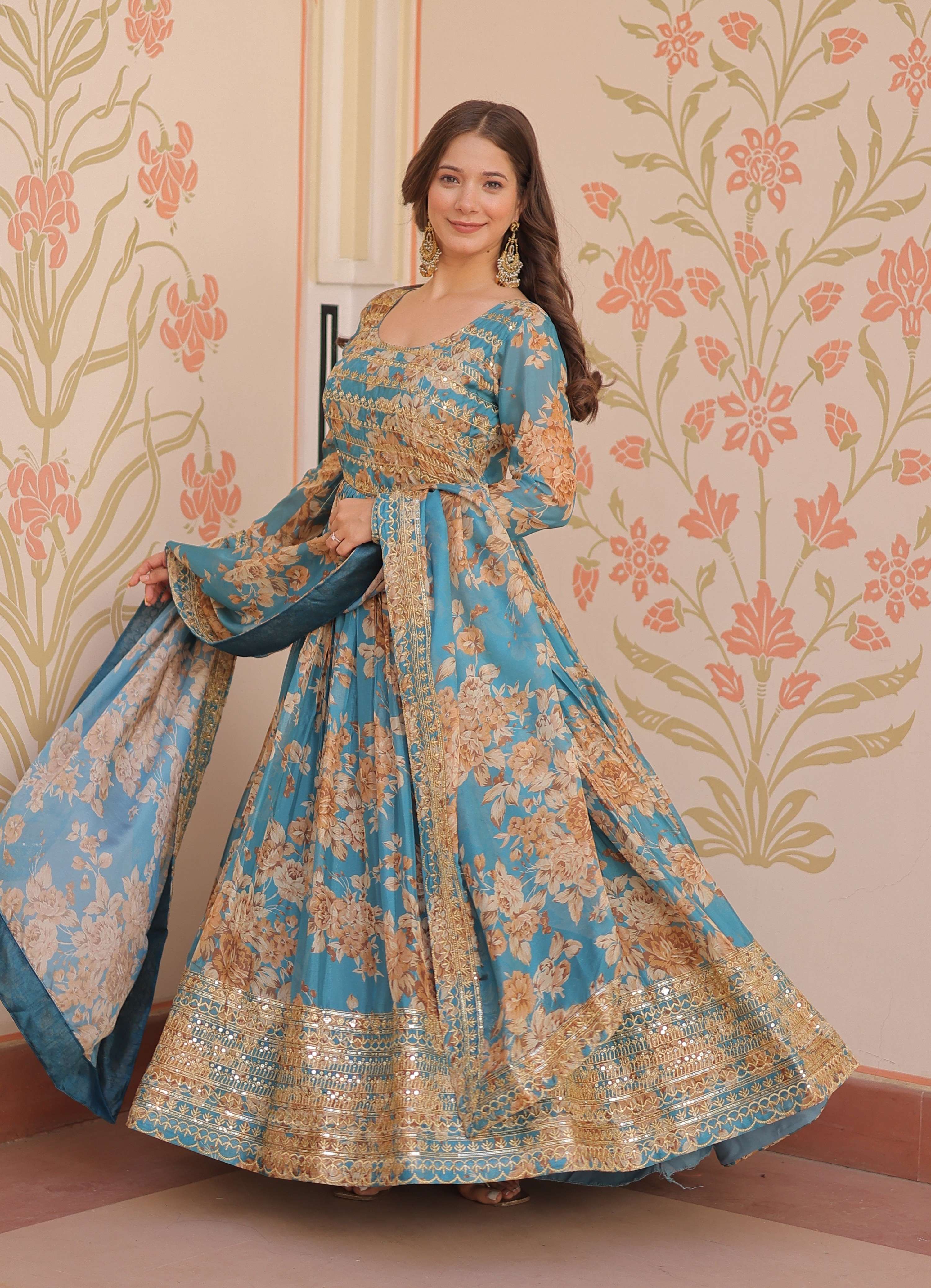 Vedant Vastram Russian Silk Embroidery & Sequence Work Stitched Ethnic Gown-Rama | Grocsy