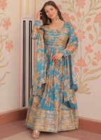 Prazu Fashion Sky Blue Russian Silk Embroidered Gown With Dupatta | Grocsy