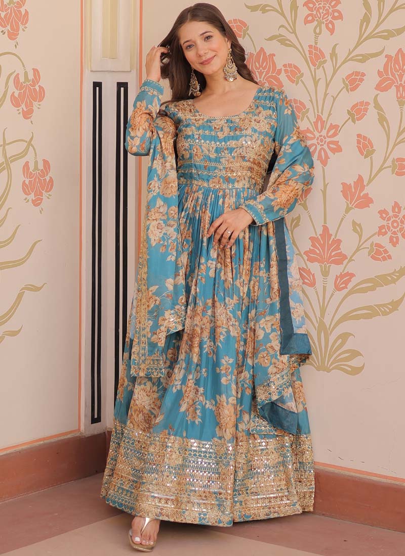 Prazu Fashion Sky Blue Russian Silk Embroidered Gown With Dupatta | Grocsy
