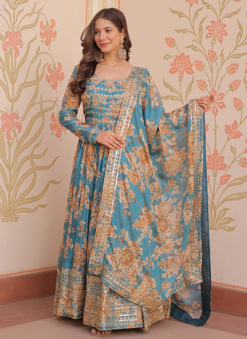 Prazu Fashion Sky Blue Russian Silk Embroidered Gown With Dupatta | Grocsy