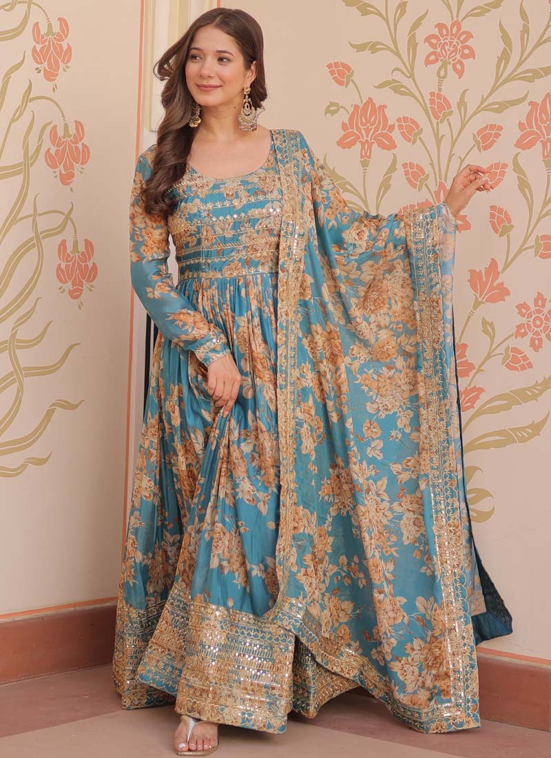 Prazu Fashion Sky Blue Russian Silk Embroidered Gown With Dupatta | Grocsy