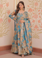 Prazu Fashion Sky Blue Russian Silk Embroidered Gown With Dupatta | Grocsy