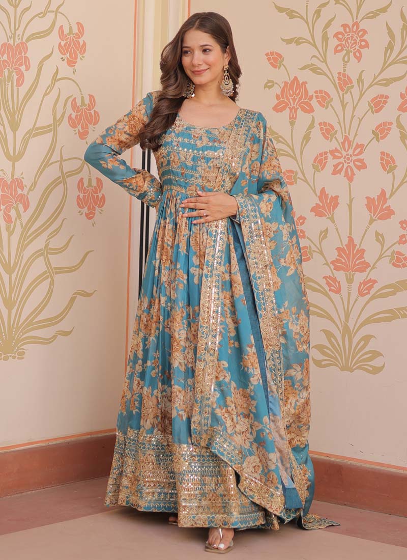 Prazu Fashion Sky Blue Russian Silk Embroidered Gown With Dupatta | Grocsy