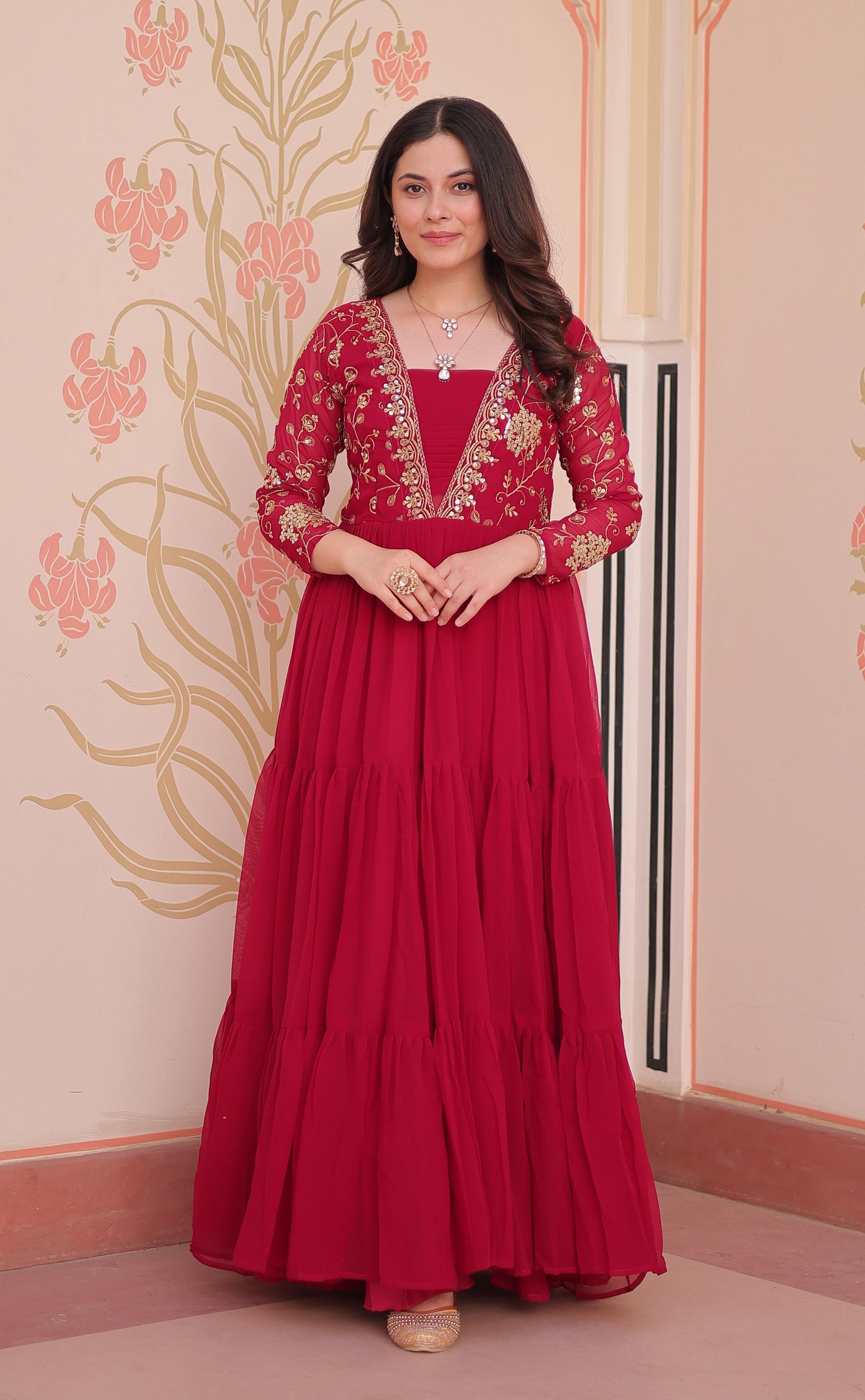 Vedant Vastram Georgette Embroidery & Sequence Work Stitched Ethnic Gown-Pink | Grocsy
