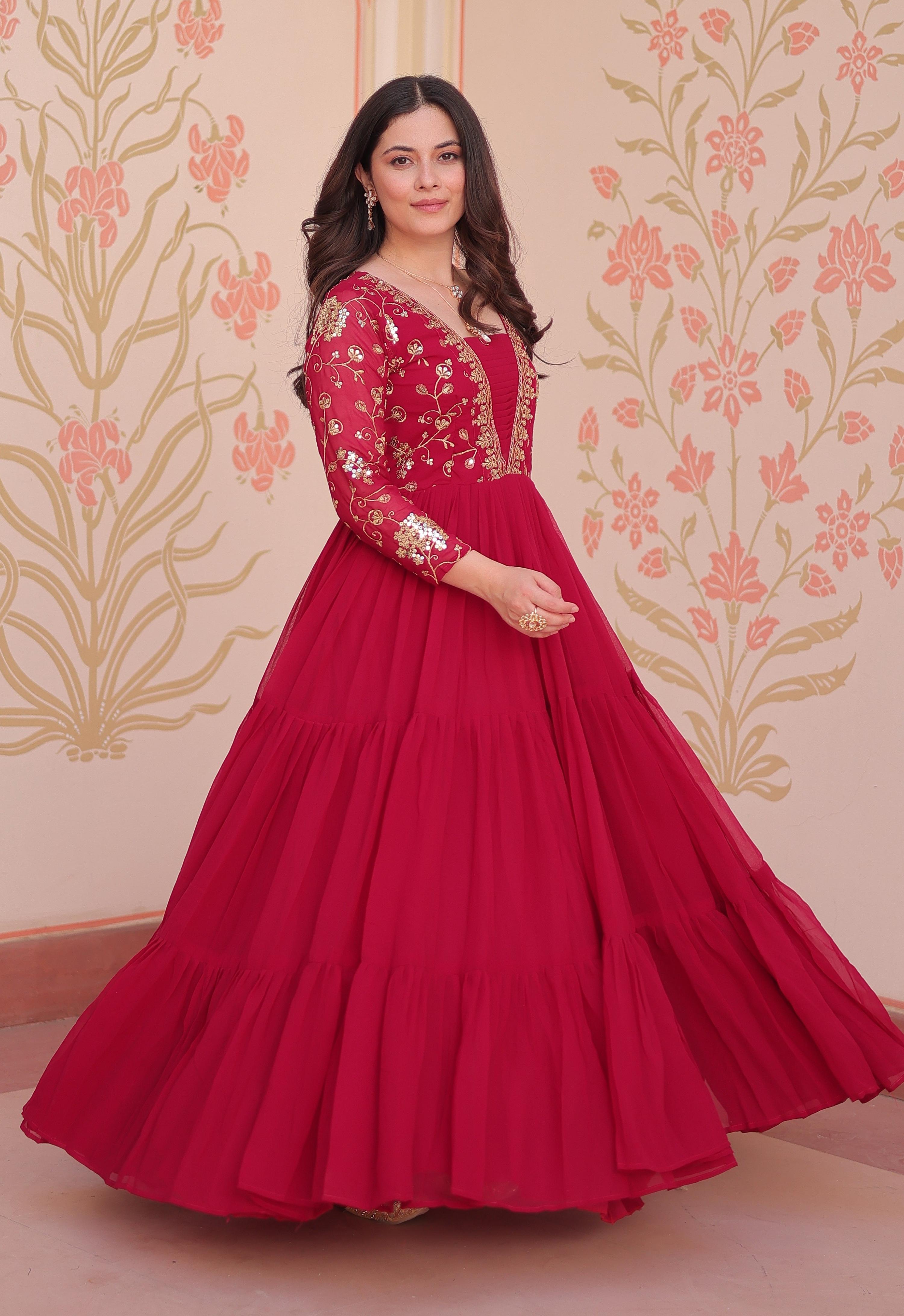 Vedant Vastram Georgette Embroidery & Sequence Work Stitched Ethnic Gown-Pink | Grocsy