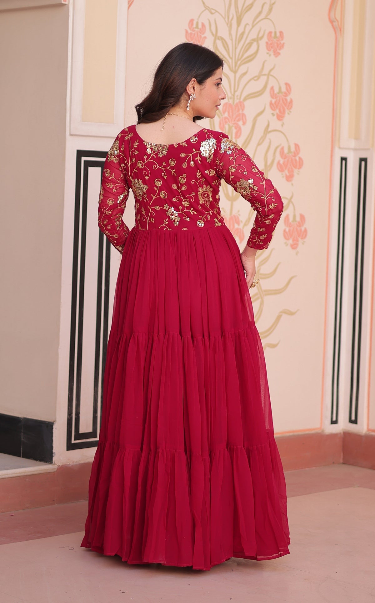 Vedant Vastram Georgette Embroidery & Sequence Work Stitched Ethnic Gown-Pink | Grocsy