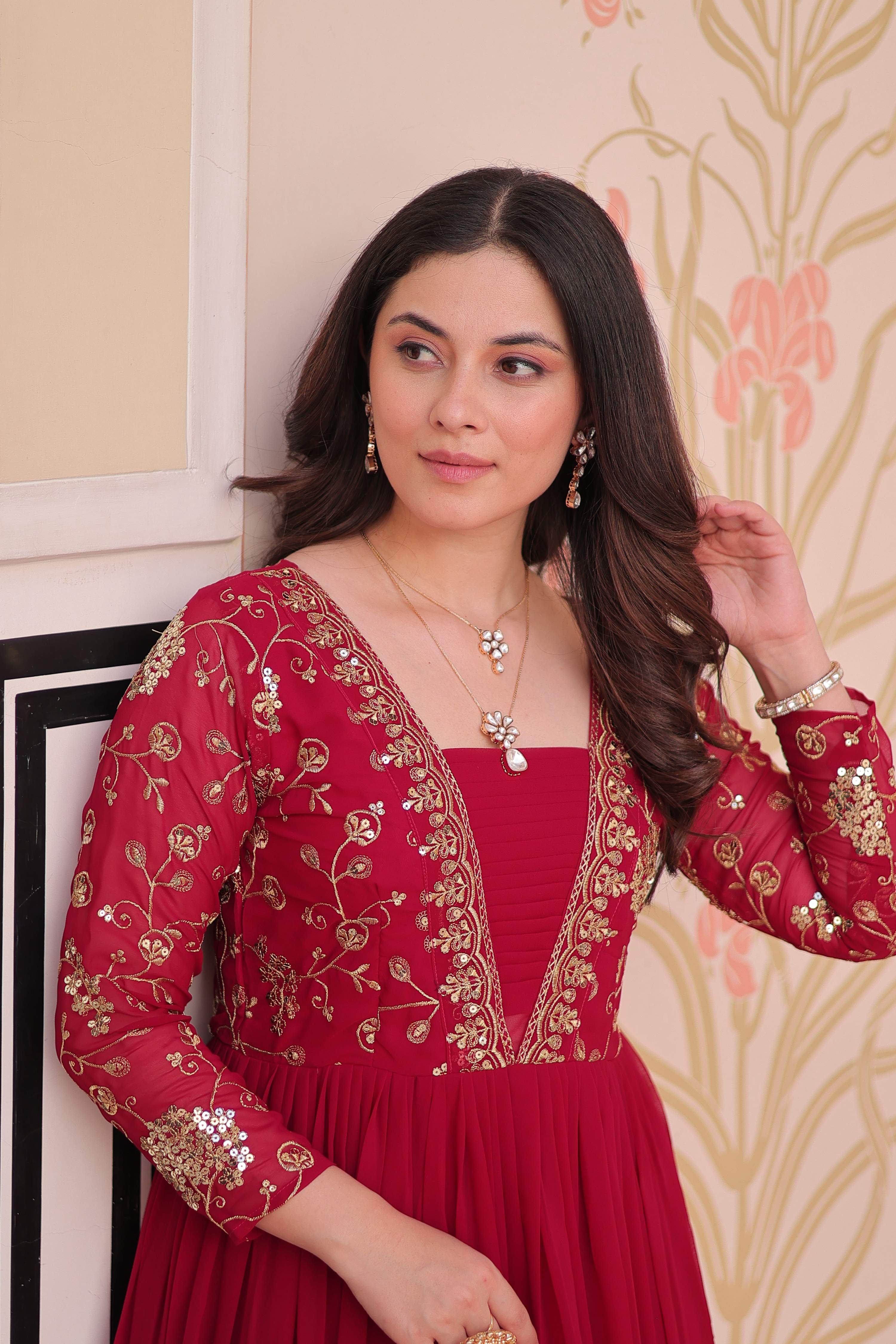 Vedant Vastram Georgette Embroidery & Sequence Work Stitched Ethnic Gown-Pink | Grocsy