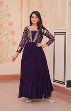 Vedant Vastram Georgette Embroidery & Sequence Work Stitched Ethnic Gown-Purple | Grocsy