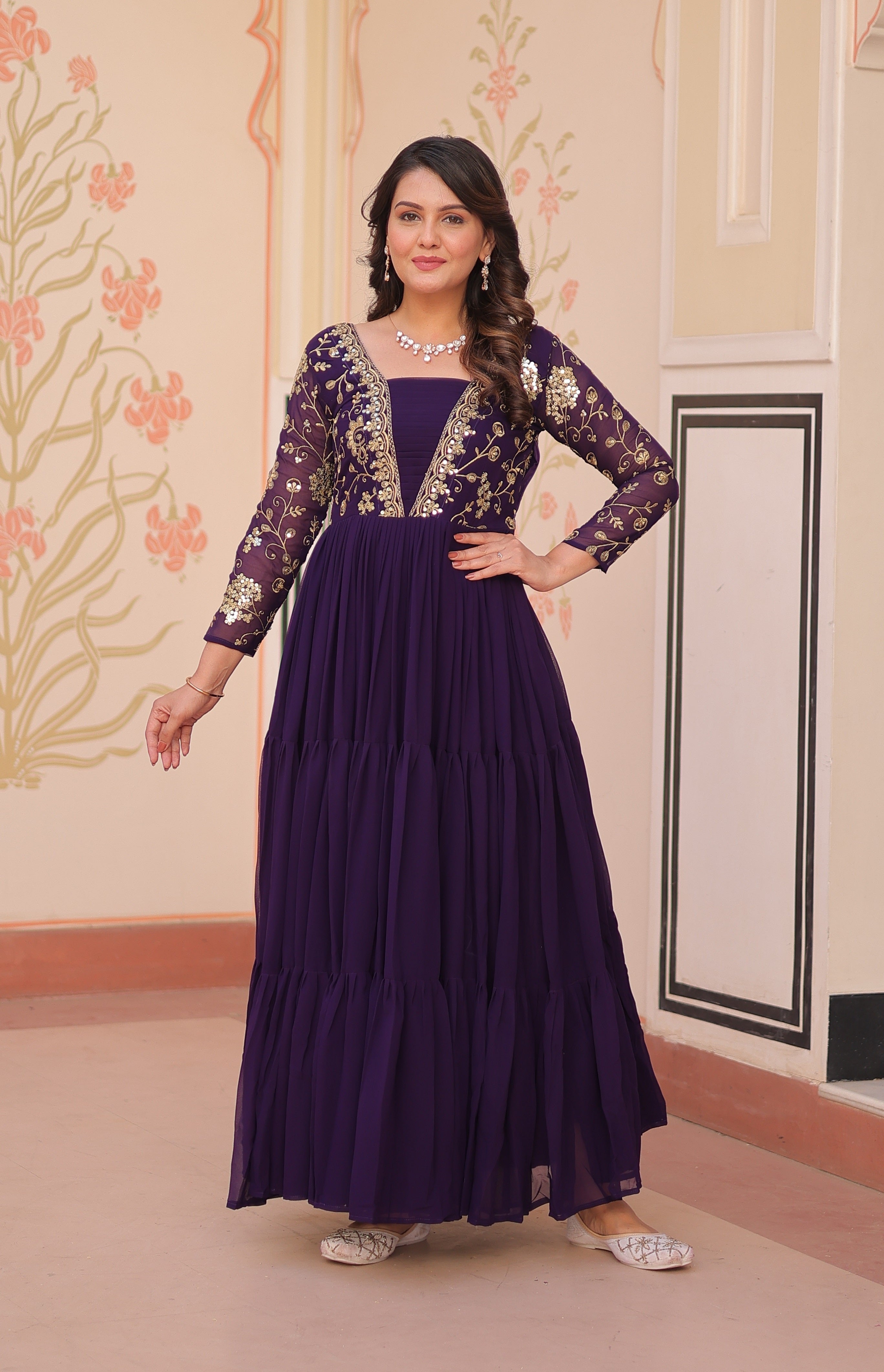 Vedant Vastram Georgette Embroidery & Sequence Work Stitched Ethnic Gown-Purple | Grocsy