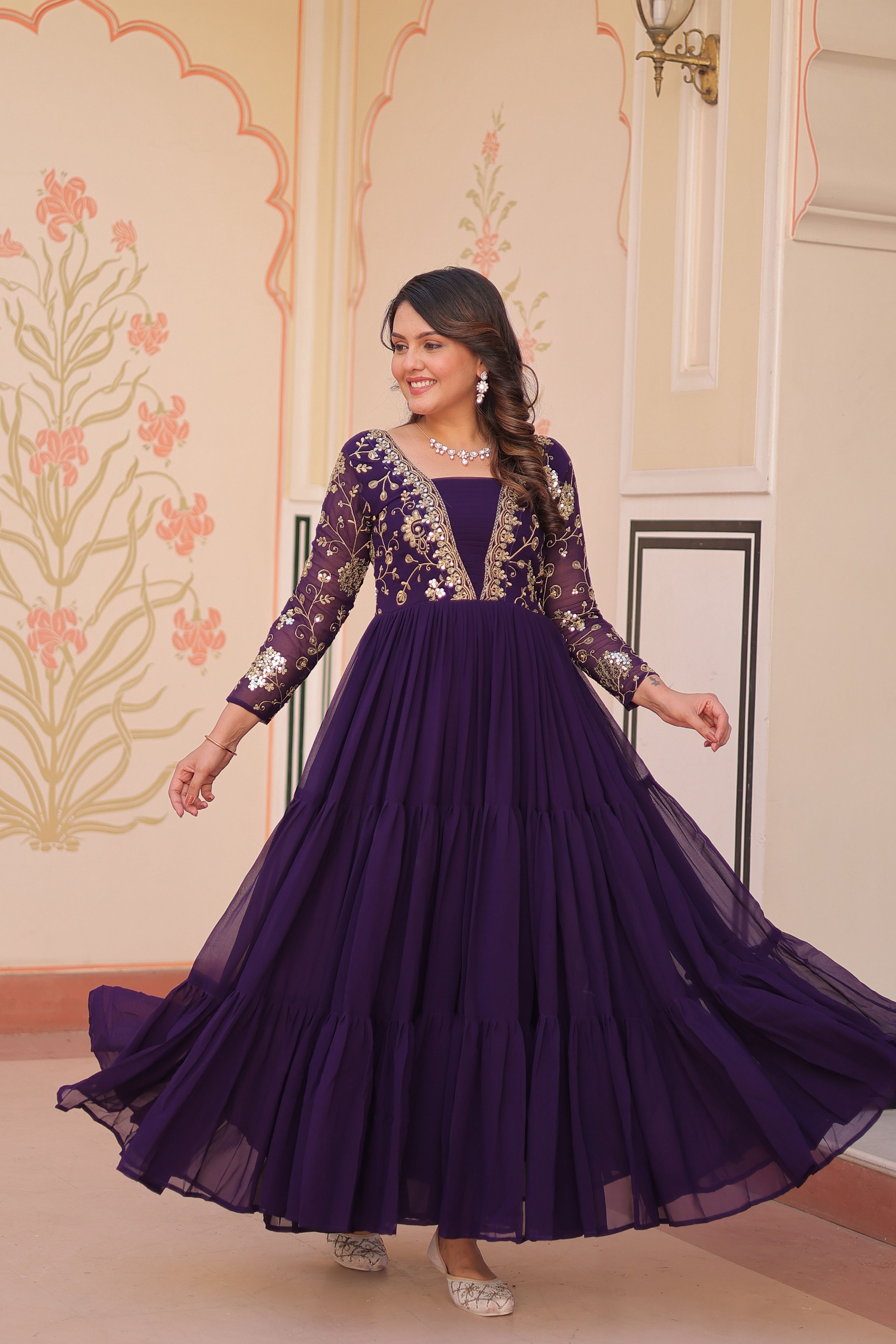 Vedant Vastram Georgette Embroidery & Sequence Work Stitched Ethnic Gown-Purple | Grocsy