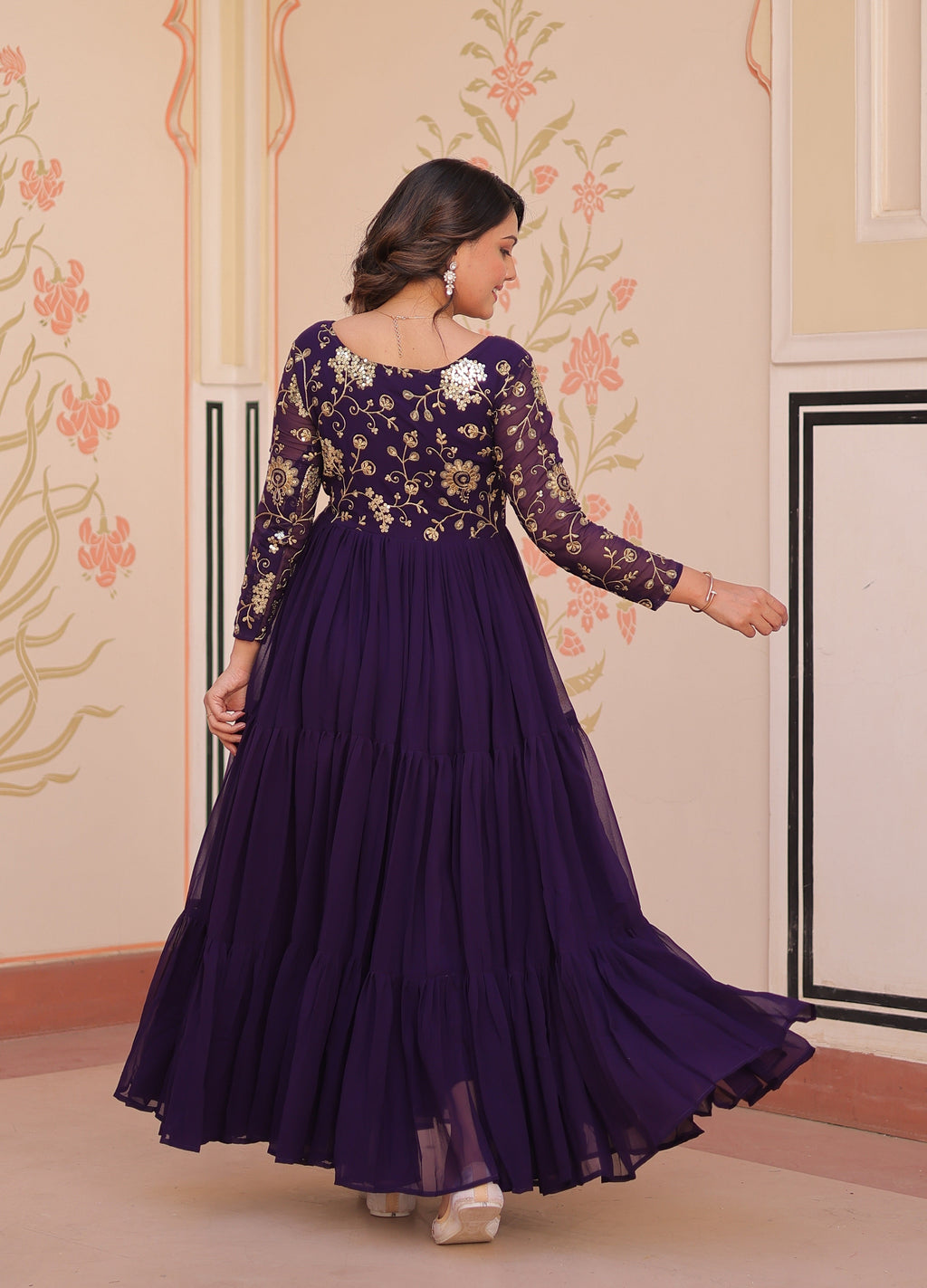 Vedant Vastram Georgette Embroidery & Sequence Work Stitched Ethnic Gown-Purple | Grocsy