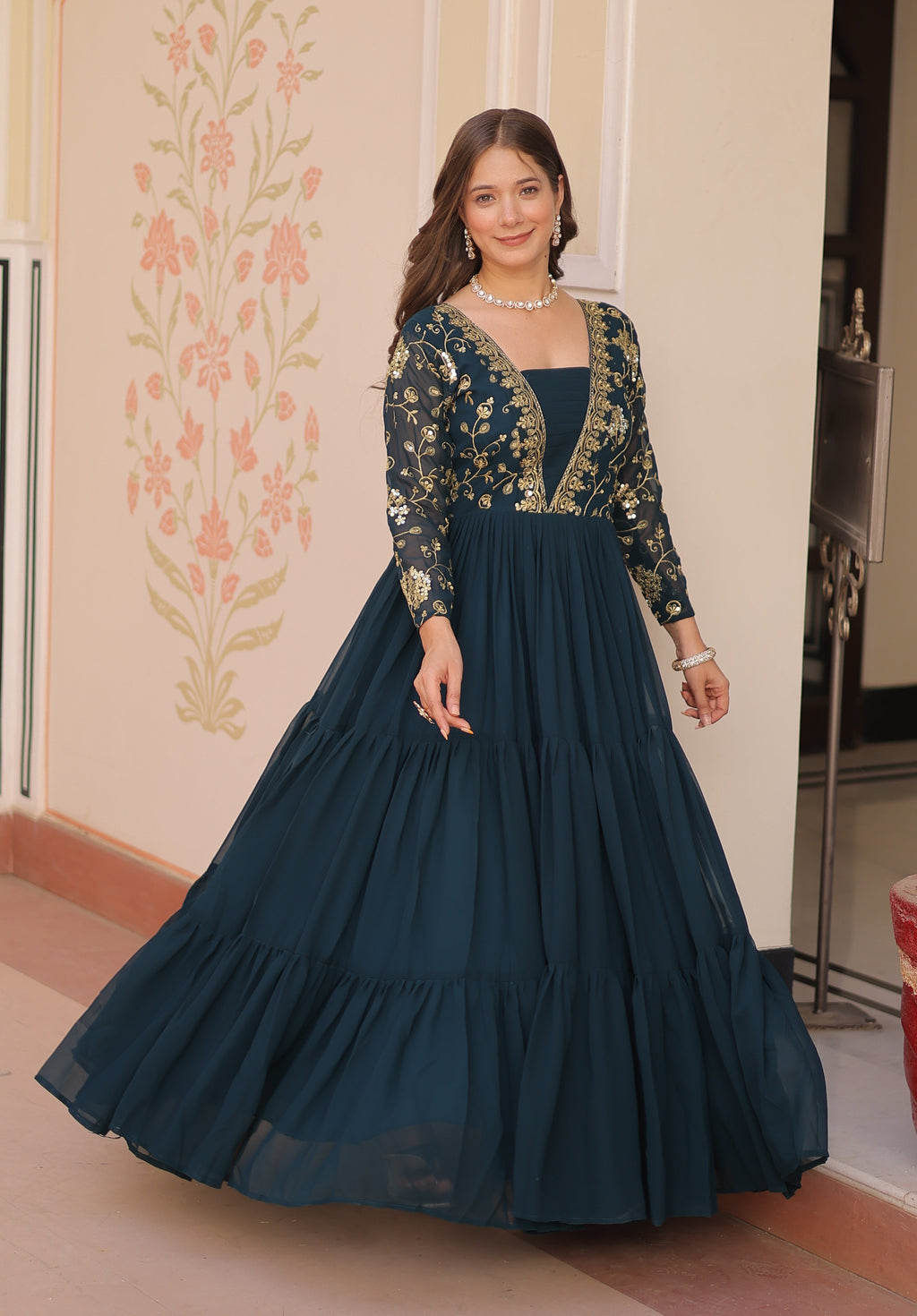 Vedant Vastram Georgette Embroidery & Sequence Work Stitched Ethnic Gown-Rama | Grocsy